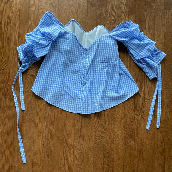 Alpha Omega blue plaid top with detached sleeves - Picture 2 of 5